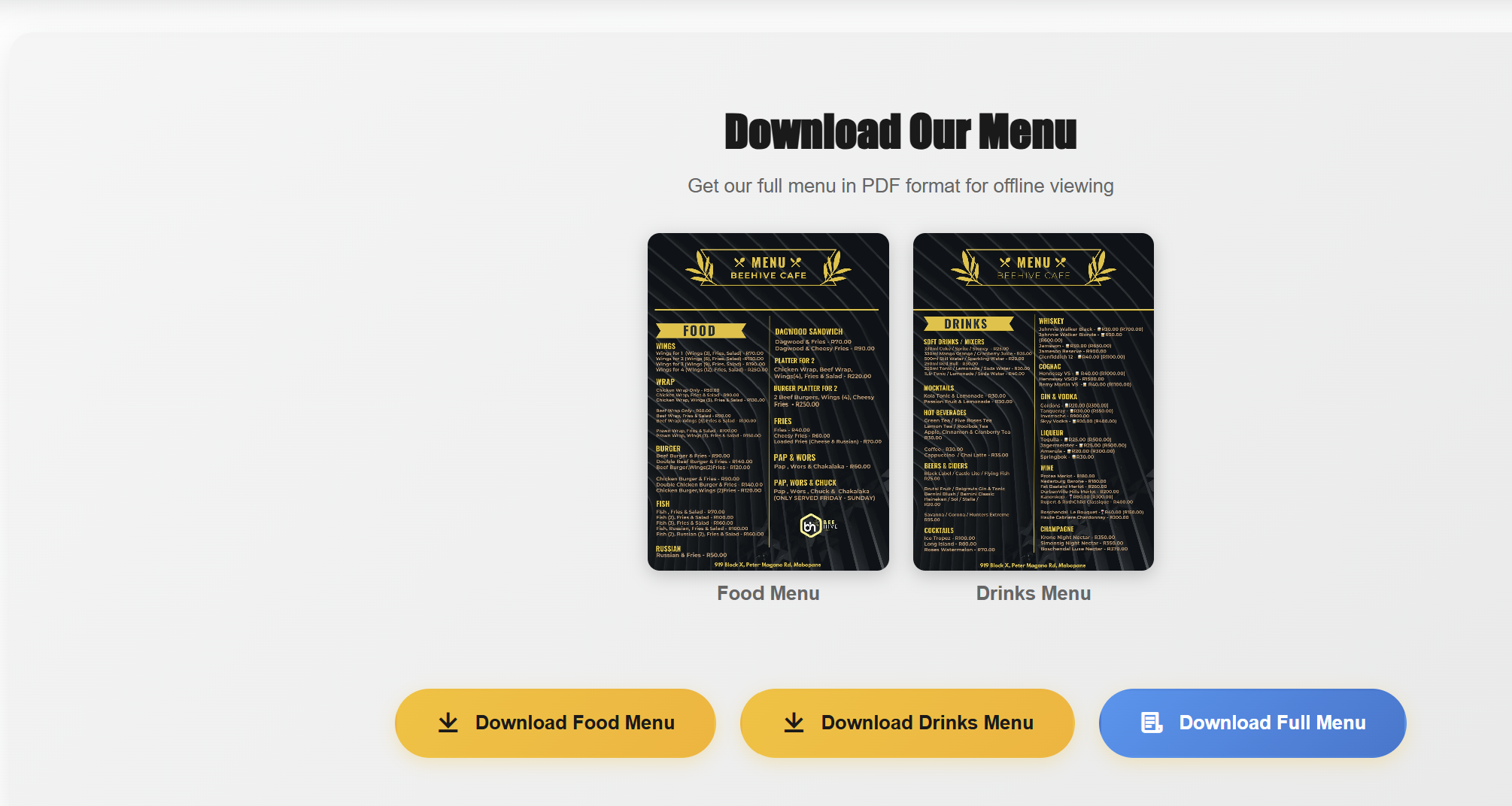 Beehive Cafe Menu Page